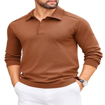 COOFANDY Mens Polo Sweater Slim Fit Ligthweight Pullover Fall Sweater with Collar Brown
