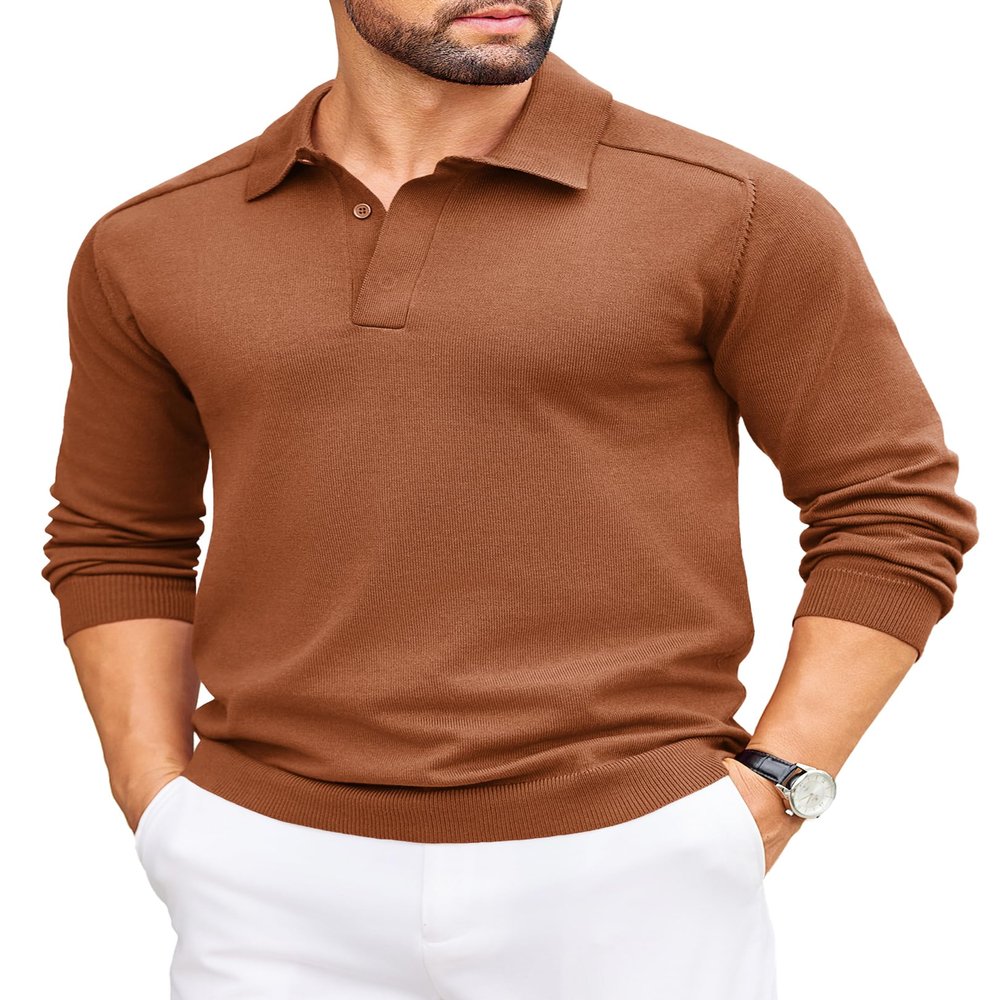 COOFANDY Mens Polo Sweater Slim Fit Ligthweight Pullover Fall Sweater with Collar Brown