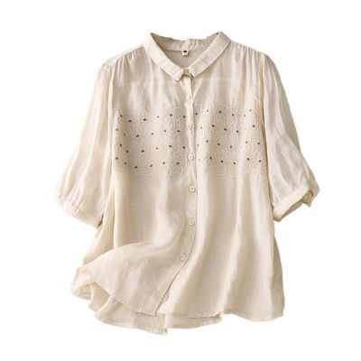 2024 Summer Cotton Linen Shirts for Women Half Sleeve Lapel Button Down Tees Floral Embroidered Polka Dot Tops