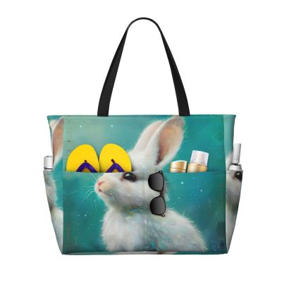 DRTGEDS Cute White Rabbit Beach Pool Bags Tote for Women Ladies Large Gym Tote Carry On Bag for Weekender Travel