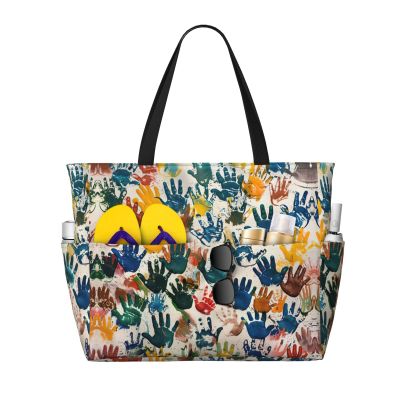 DRTGEDS Kids Hand Print Beach Pool Bags Tote for Women Ladies Large Gym Tote Carry On Bag for Weekender Travel