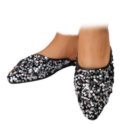 ZJWBB Women's Glitter Rhinestone Flat Mules Comfortable Soft Memory Foam Insole Cherry Pointed Rivet Mule Shoes