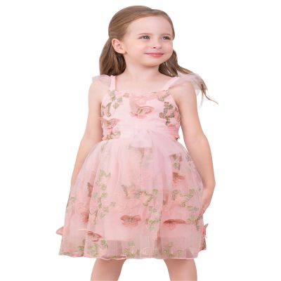 OBEEII Toddler Baby Girl Butterfly Dress Ruffle Sleeve 3D Embroidered Butterflies Tulle Princess Dress Flower Girl Wedding Formal Pageant Birthday Party Dress Peach Pink 18-24 Months