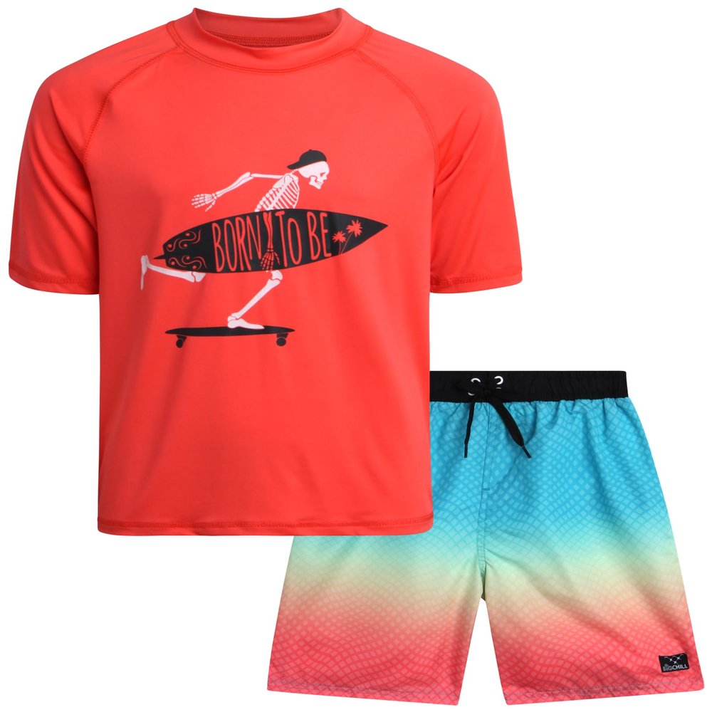 Big Chill Boys Rash Guard Set - 2 Piece Quick Dry UPF50+ Sun Protection Swim Shirt Short Sleeve and Boys Swim Trunks, Size 4, Salmon Skeleton