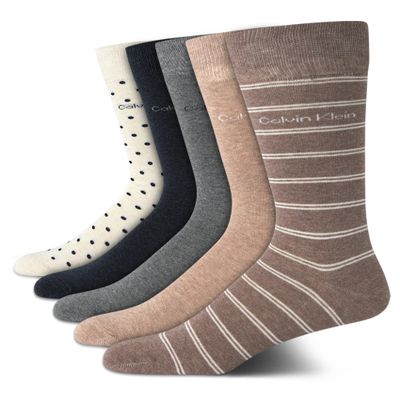 Calvin Klein Mens Dress Socks - 5 Pairs Soft Cotton Blend Crew Socks for Men - Classic Comfort Stay Up Cuff Mixed Pattern, Size 7-12, Tan Stripe