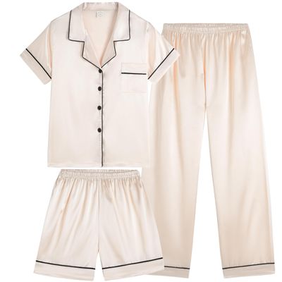 Vopmocld Satin Pajama Sets Unisex Boys and Girls Silk Button Down Short Sleeve & Shorts & Pants Sleepwear 3PCS Loungewear PJS, Champagne, 8