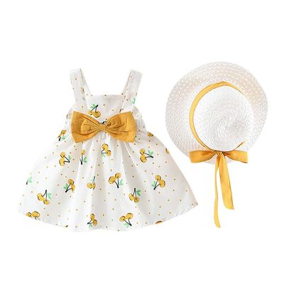 AMIMOJY daily deals Baby Girls Summer Dresses Sleeveless Princess Clothes Infrant Cherry Polka Dot Tank Skirt Bow Hat Outfit Set 2Pcs 18 month thanksgiving outfit girl, Yellow
