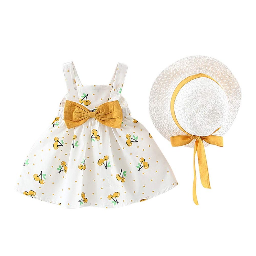 AMIMOJY daily deals Baby Girls Summer Dresses Sleeveless Princess Clothes Infrant Cherry Polka Dot Tank Skirt Bow Hat Outfit Set 2Pcs 18 month thanksgiving outfit girl, Yellow