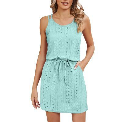 Eyelet Sundresses for Women 2024 Mini Swimsuit Cover Up Casual Summer Crewneck Drawstring Waist Dress Comfy Slip Dress Lounge Elegant Trendy Sun Dress Comfy Music Festival Dress Casual Summer Dress