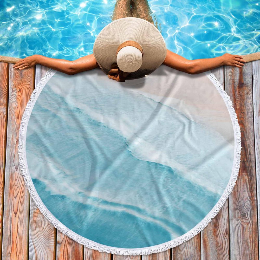 ZOE GARDEN Turquoise Beach Towel, Absorbent Quick Dry Sand Free Lightweight Travel Camping Bath Towels, Round Throw Blanket for Swim Pool Gym Yoga Spa Coastal Ocean Sea Wave Abstract Geometric