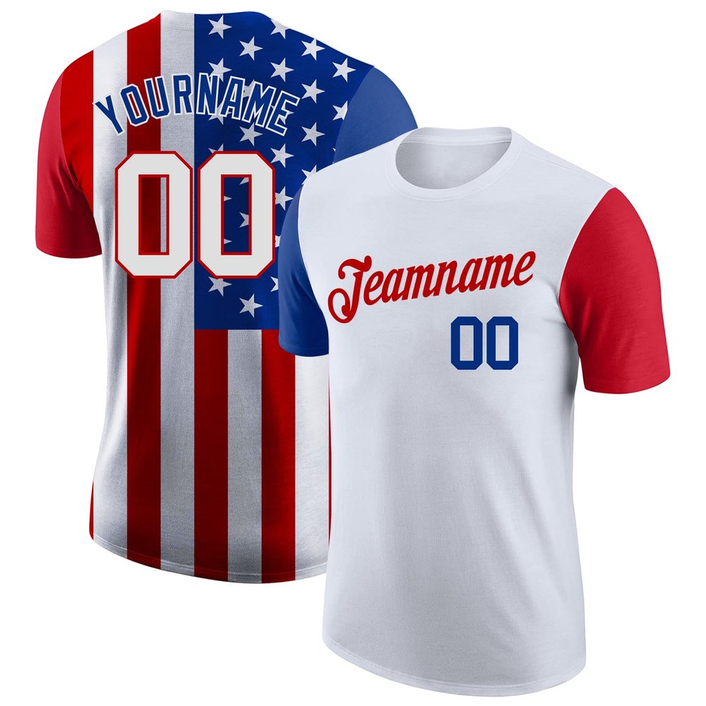 Custom Amercian Flag Baseball T Shirts Sky Blue White Red Customize Baseball Jerseys Crew Neck Summer Personalized Baseball Uniform Printed Name Number Logo for Adult Youth