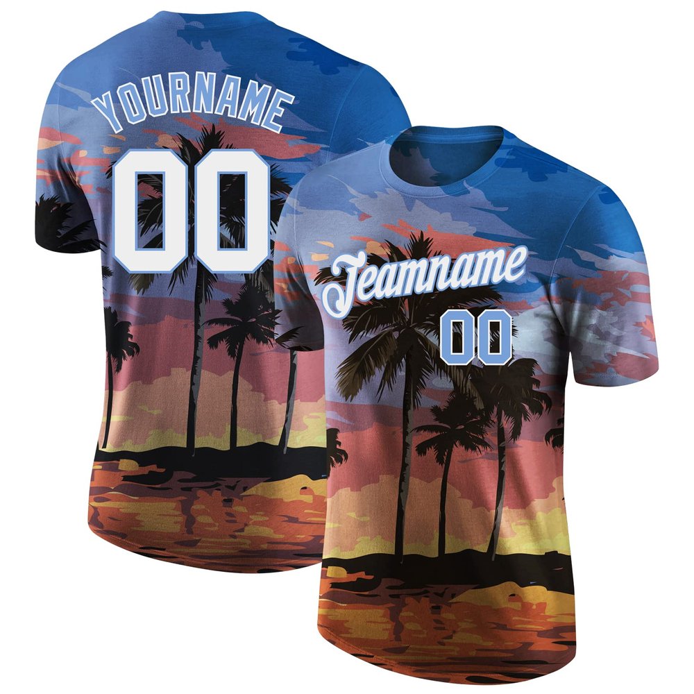 Custom Hawaiian Baseball Shirts Palm Trees Pattern Personalzied Sky Blue White Baseball Team Jerseys for Men Women Youth Sports Fans Boys Girls