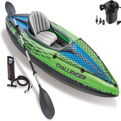 Challenger Inflatable Kayak Set with Aluminum Oars, High Output Air-Pump and Electric Pump