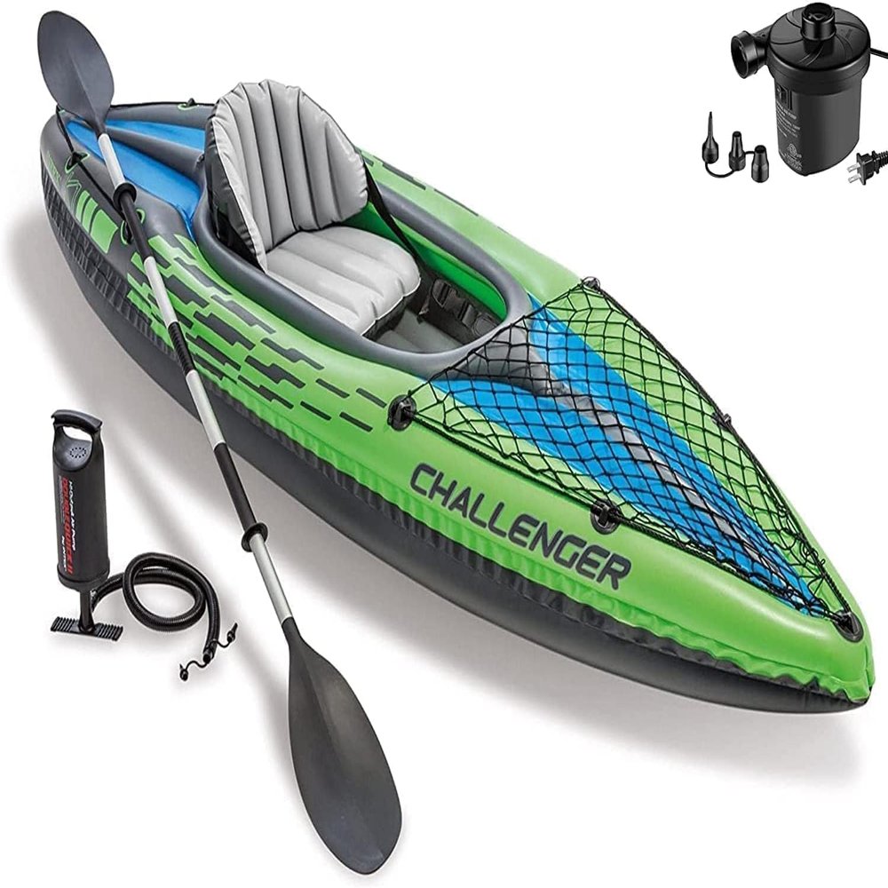 Challenger Inflatable Kayak Set with Aluminum Oars, High Output Air-Pump and Electric Pump