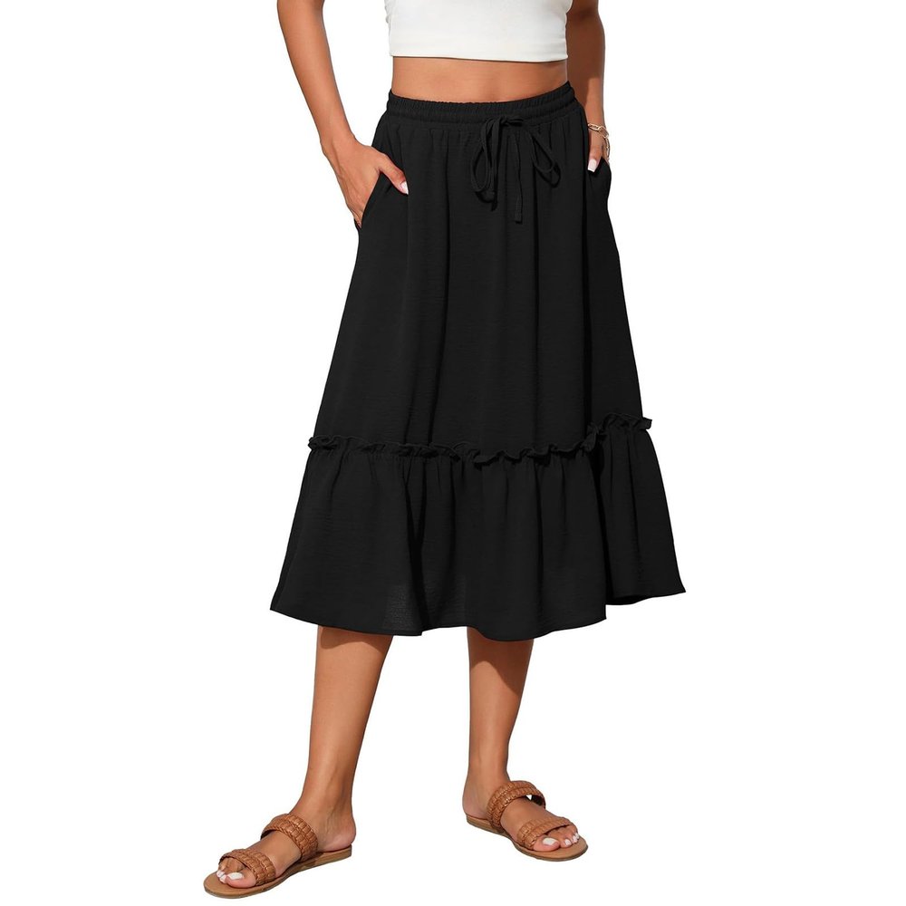 midelxp Pleated Skirts for Women Trendy Summer High Waisted Tiered Midi Skirts Swing a Line Boho Skirts with Pockets Soft Mid Length Skirts Trendy Vacation Beach Skirts Summer Skirts for Women 2024