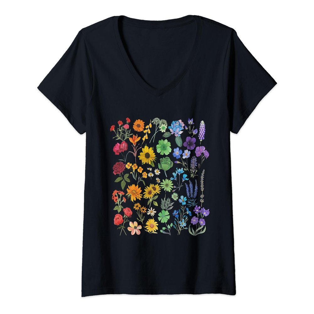 Womens Subtle Wildflowers LGBTQ Month Rainbow Flowers Gay Pride V-Neck T-Shirt