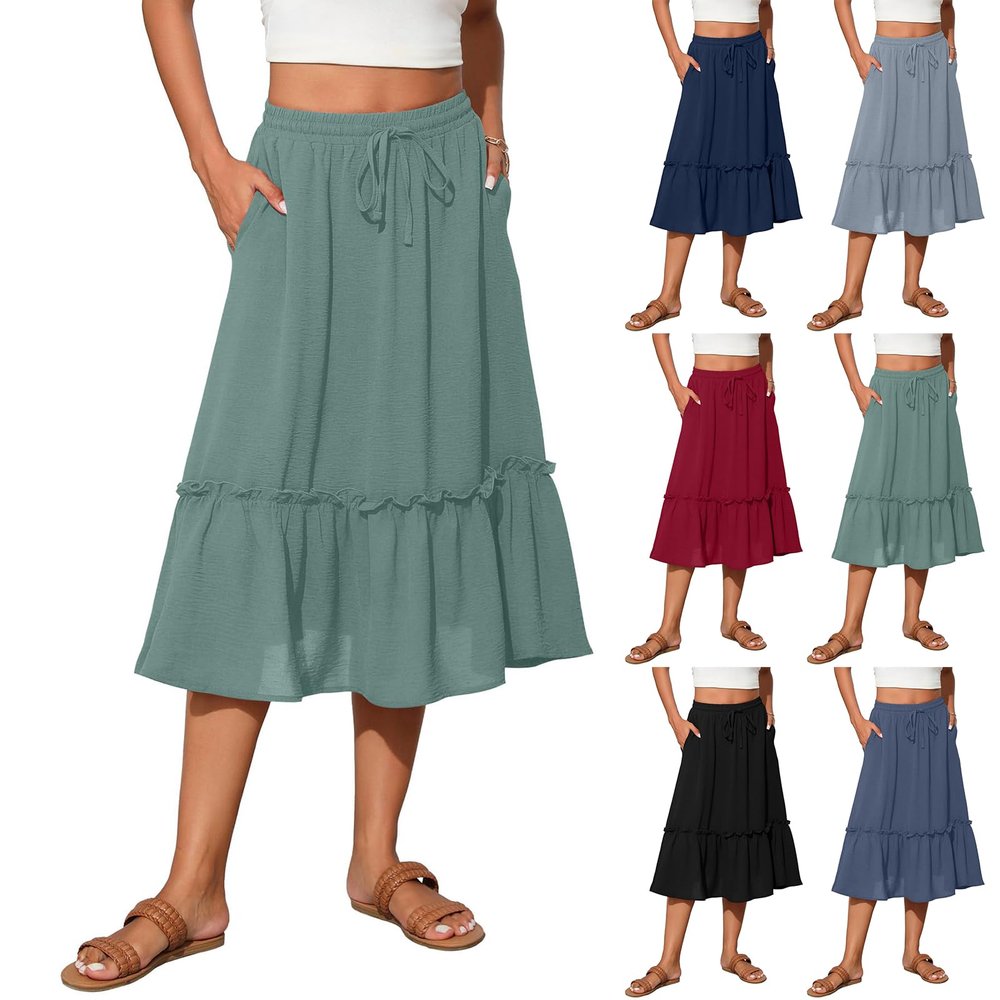 Flowy Skirts with Pockets for Women High Waisted Tiered Midi Skirts Boho Swing a Line Skirts with Pockets Soft Mid Length Skirts Trendy Vacation Beach Dresses Summer Dresses for Women 2024