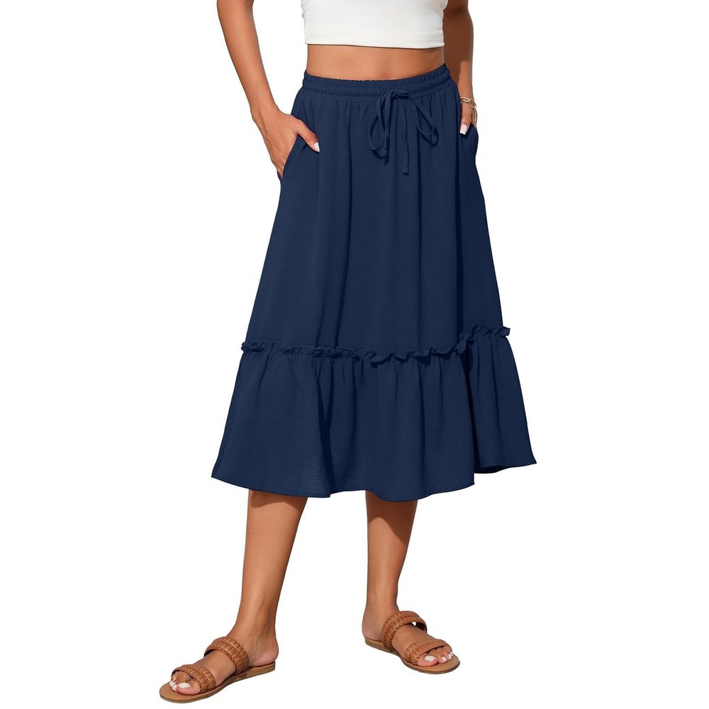 midelxp Pleated Skirts for Women Trendy Summer Drawstring High Waisted Skirts Boho Swing a Line Skirts with Pockets Soft Mid Length Skirts Trendy Vacation Beach Skirts Summer Dresses for Women 2024