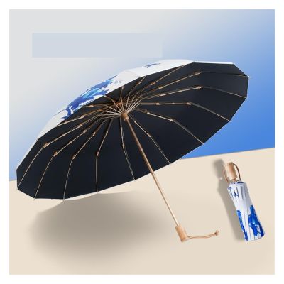 RENEESME Umbrellas for Rain 16 Rib Folding Umbrella Golden Frame Large Umbrella Rain Or Shine Umbrella 16 Rib Umbrella Strong Umbrella for Wind and Rain(Color:C)