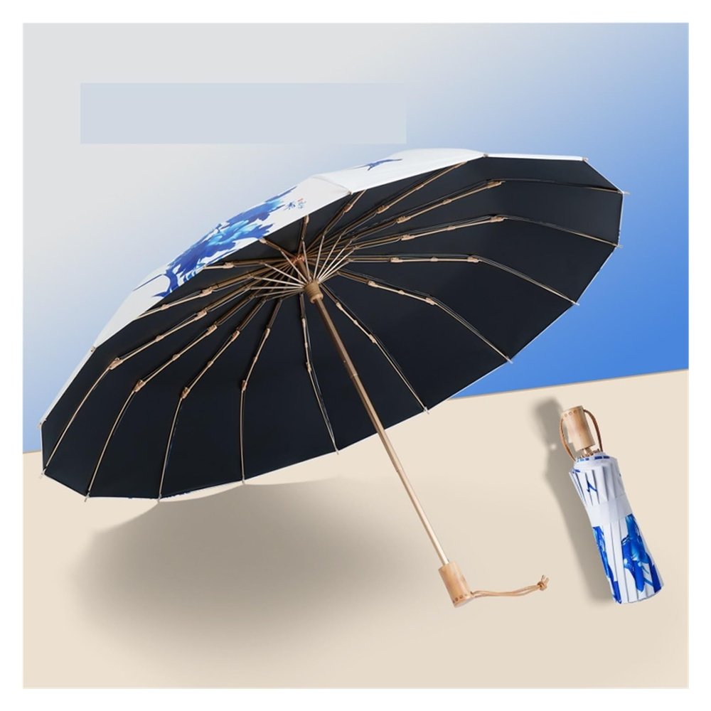 RENEESME Umbrellas for Rain 16 Rib Folding Umbrella Golden Frame Large Umbrella Rain Or Shine Umbrella 16 Rib Umbrella Strong Umbrella for Wind and Rain(Color:C)