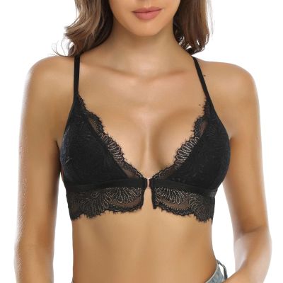 SHEKINI Lace Bralettes for Women Front Closure Bras Padded Wire Free Triangle Wireless Halter Bra Racerback Crop Top Vest Bra Black