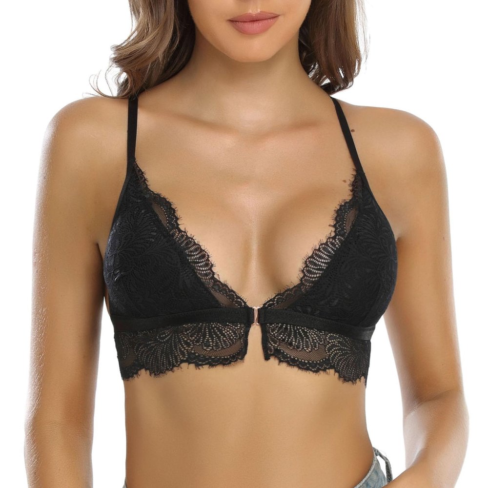 SHEKINI Lace Bralettes for Women Front Closure Bras Padded Wire Free Triangle Wireless Halter Bra Racerback Crop Top Vest Bra Black