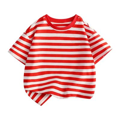 Children's Short Sleeved Striped Top Round Neck Cotton Going Out Outfits for Boys Girls Toddler Casual (Red, 7-8 Years)
