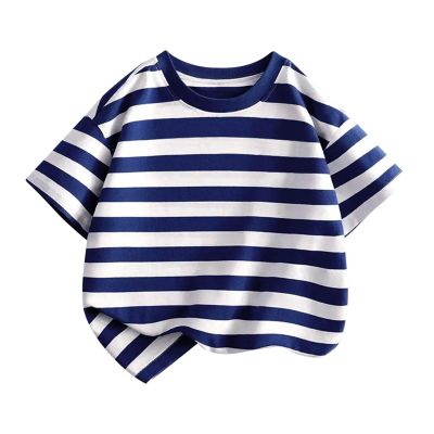 Children's Short Sleeved Striped Top Round Neck Cotton Going Out Outfits for Boys Girls Toddler Casual (Navy, 3-4 Years)