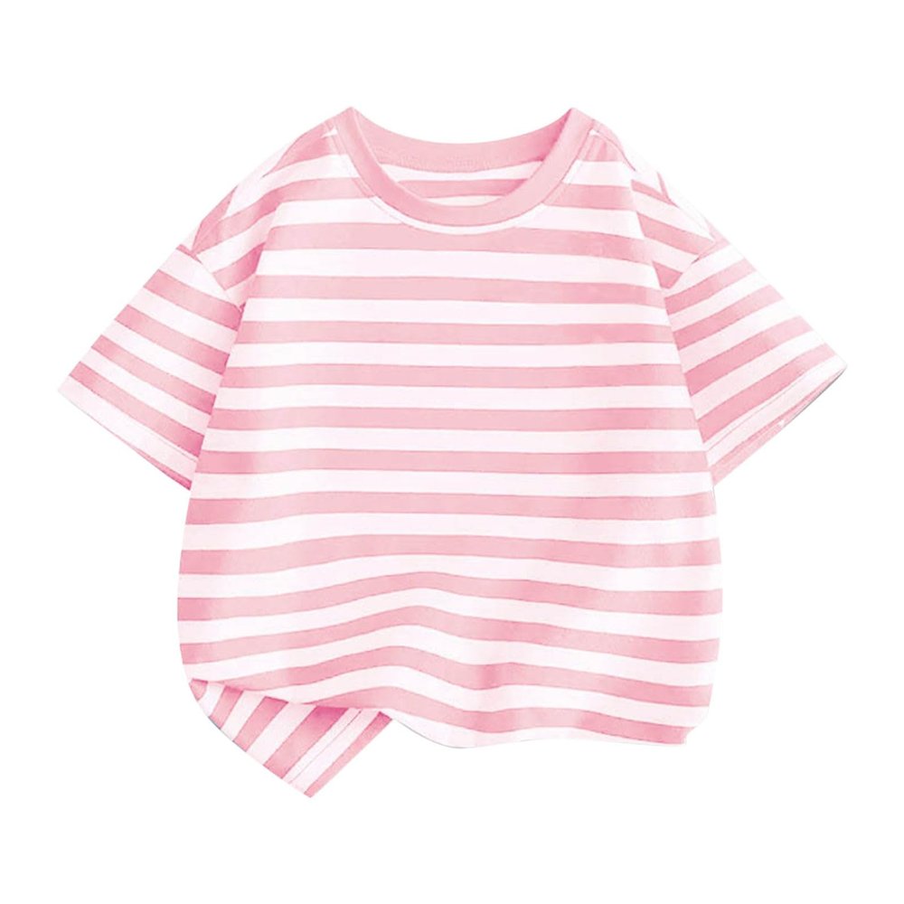 Children's Short Sleeved Striped Top Round Neck Cotton Going Out Outfits for Boys Girls Toddler Casual (Pink, 7-8 Years)
