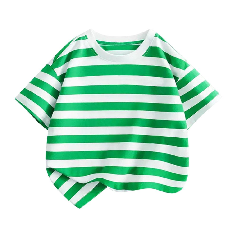 Children's Short Sleeved Striped Top Round Neck Cotton Going Out Outfits for Boys Girls Toddler (Green, 3-4 Years)