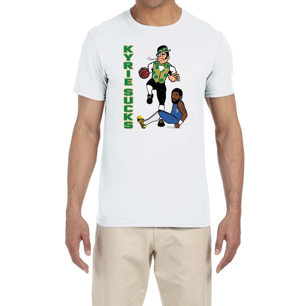 White Boston Kyrie Irving Sucks Lucky The Leprechaun Step Logo T-Shirt Youth Large