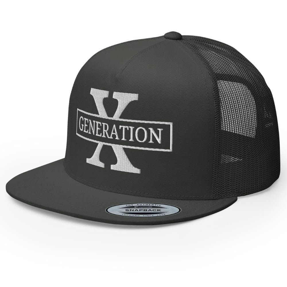 RIVEMUG NG GenX Flat Bill Embroidered Trucker Hat High Crown Adjustable Generation X Cap Charcoal