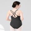 DanceDaily Black Dance Leotard for Adult Round Neck Ballet Bodysuit, High Cut, Camisole Back Crisscross view 3