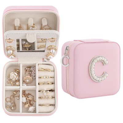 Nymtavia Initial Jewelry Box, Travel Jewelry Case, Gift for Women, Girls, Pink, Classic Style