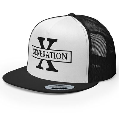 RIVEMUG NG GenX Flat Bill Embroidered Trucker Hat High Crown Adjustable Generation X Cap Black/White/Black