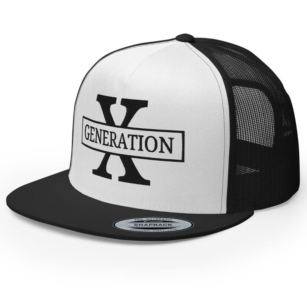 RIVEMUG NG GenX Flat Bill Embroidered Trucker Hat High Crown Adjustable Generation X Cap Black/White/Black