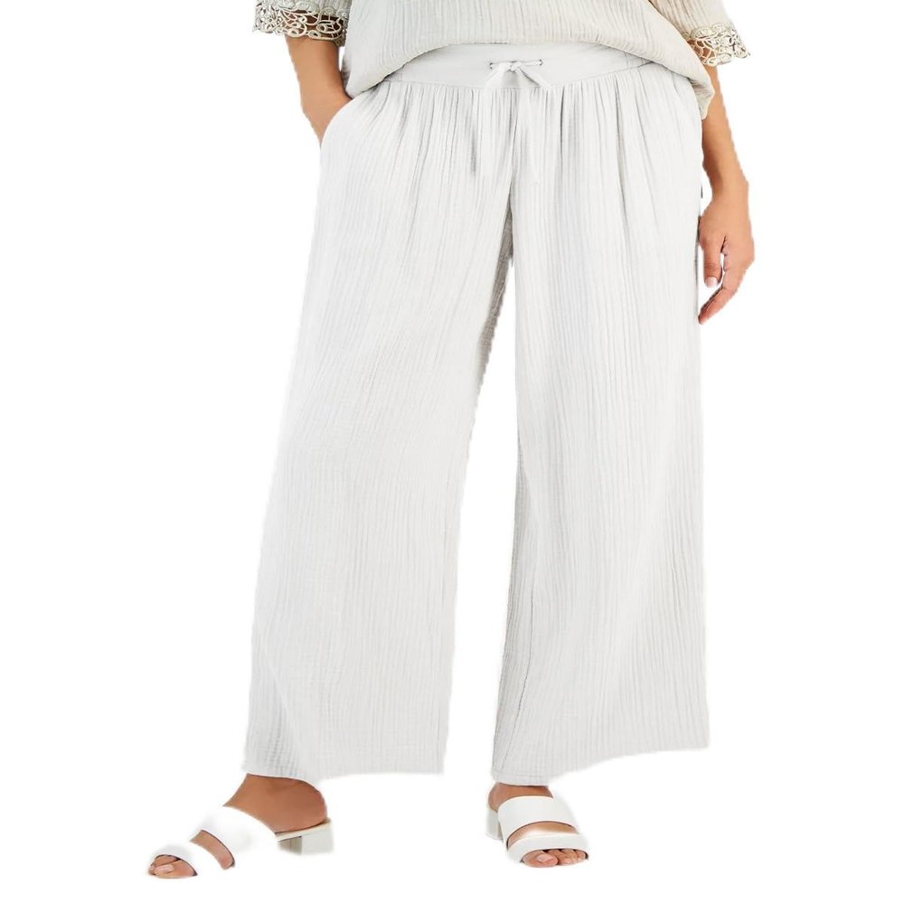 FKAEZZFR Casual Loose Pocket Cotton and Linen Slacks Cropped Cotton and Linen Wide Pants White