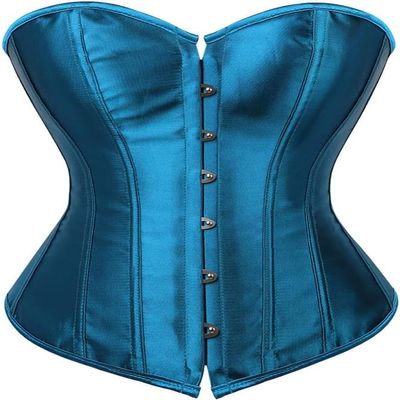 ADELCE Women's Sexy Boned Overbust Shaper Push Up Bodysuit Lace up Corsets and Strap Bustiers Top Teal Blue S