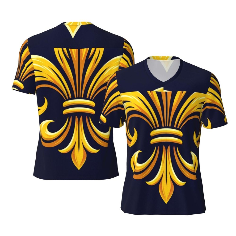 Stylish Athletic Sports Jersey Blue-Fleur-De-Lis-Gold Men's Rugby Jersey Xx-Large