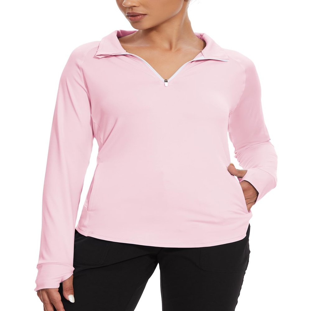M MOTEEPI Golf Shirt Women Long Sleeve Sun Protection Workout Tops Pink S