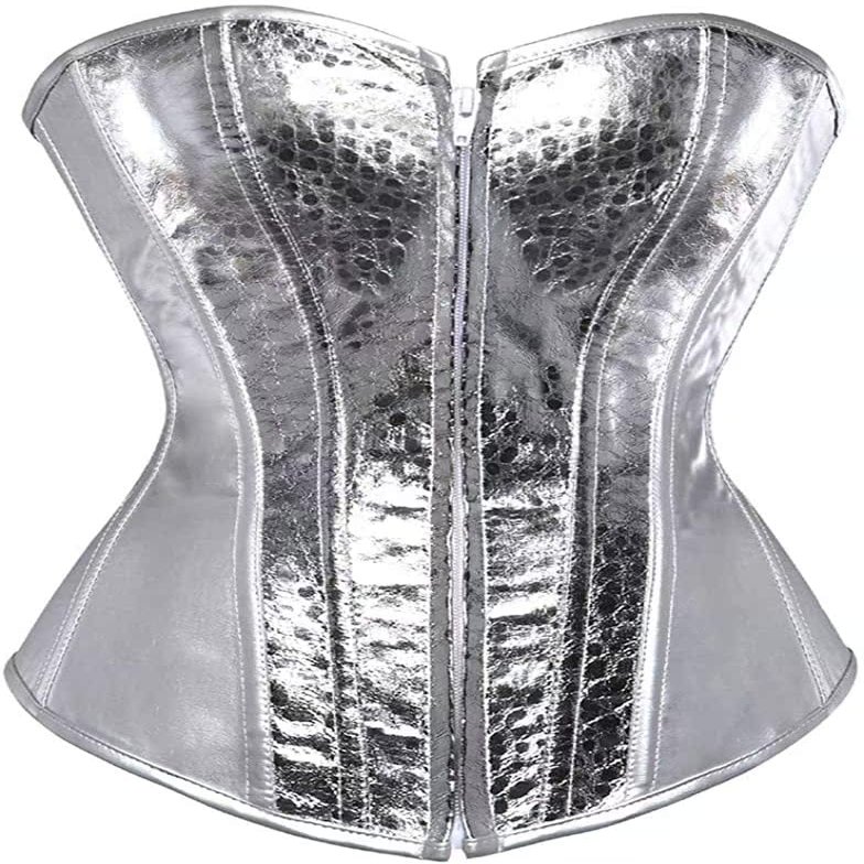 ADELCE Women's Retro Gothic Silver Fashion Faux Leather Beaded Overbust Corset Halloween Costume Bustier Top L