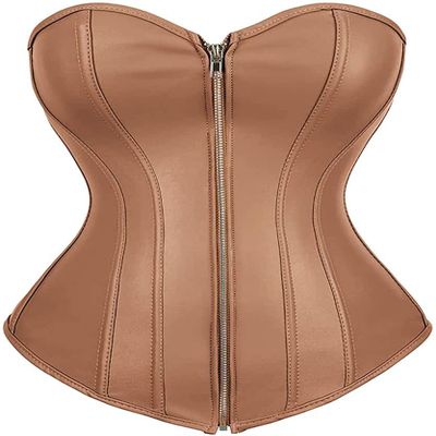 ADELCE Retro Gothic Faux Leather Corset for Women Steampunk Punk Rock Basque Bustier Top Brown L