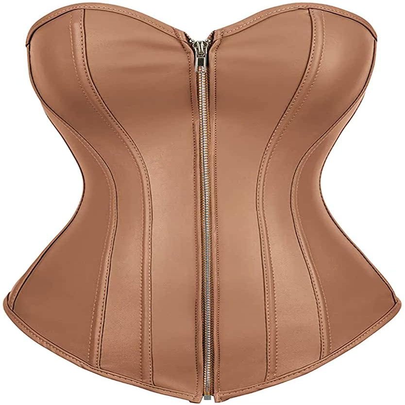 ADELCE Retro Gothic Faux Leather Corset for Women Steampunk Punk Rock Basque Bustier Top Brown L