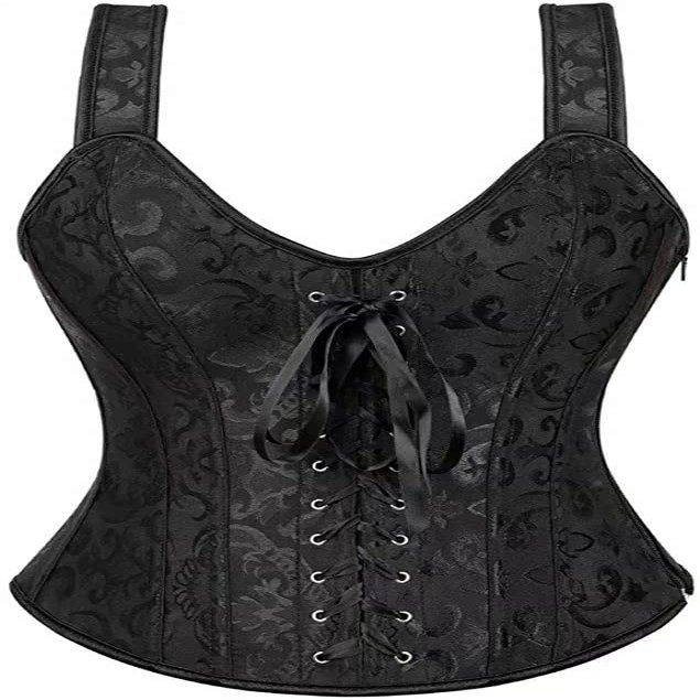 ADELCE Women's Sexy Renaissance Corset Top Boned Overbust Shaper Lace up Corsets and Strap Bustiers Black XS