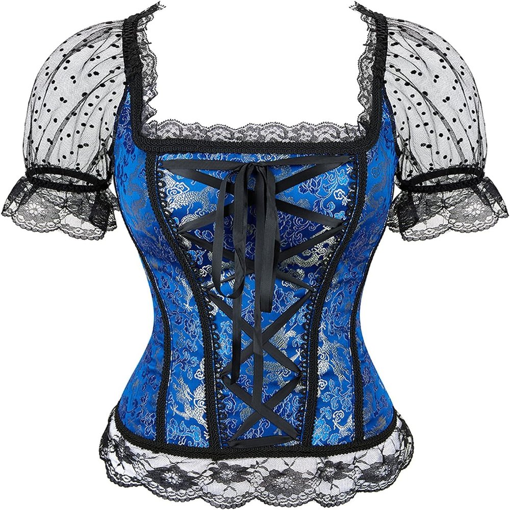 ADELCE Princess Renaissance Lace up Boned Corset Overbust Bustier with Lace Sleeves Blue XL