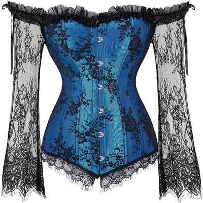 ADELCE Women's Plus Size Lolita Gothic Princess Renaissance Corset Floral Ruched Sleeves Elegant Halloween Costume Blue M
