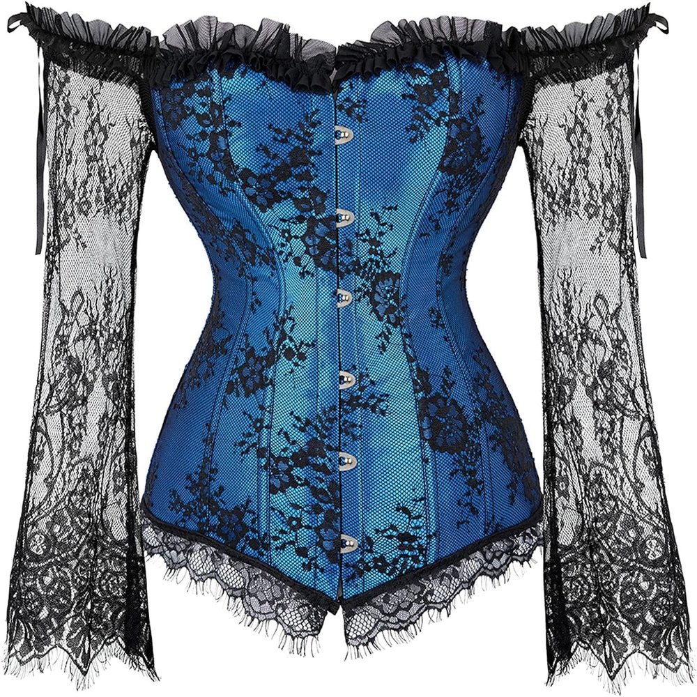 ADELCE Women's Plus Size Lolita Gothic Princess Renaissance Corset Floral Ruched Sleeves Elegant Halloween Costume Blue M