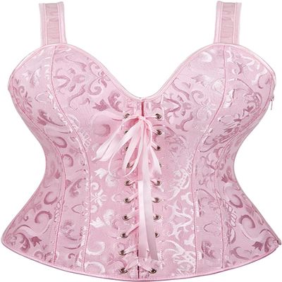 ADELCE Women's Sexy Renaissance Corset Top Boned Overbust Shaper Lace up Corsets and Strap Bustiers Pink 3XL