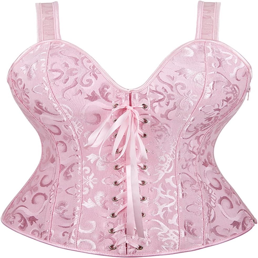 ADELCE Women's Sexy Renaissance Corset Top Boned Overbust Shaper Lace up Corsets and Strap Bustiers Pink 3XL
