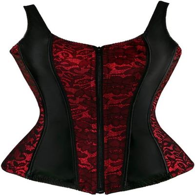 ADELCE Women's Sexy Lace Up Boned Floral Overbust Shaper Corset Bustiers Top with G-String Red L
